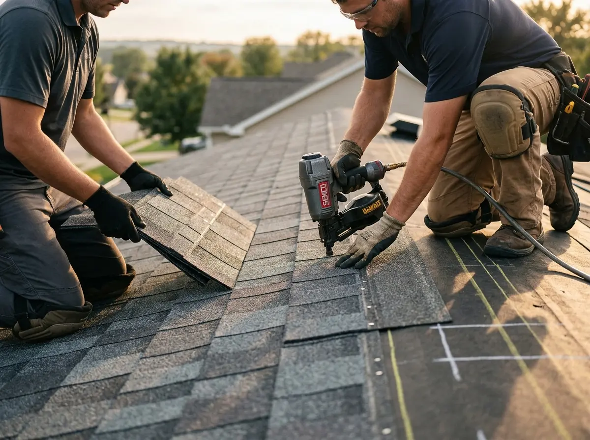 Professional roofer working on a residential roof in Lake Elmo